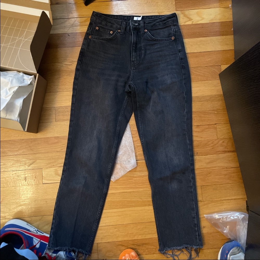 Topshop straight leg black jeans with raw hem